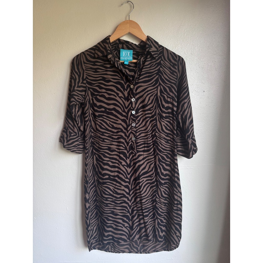 Escapada Womens Zebra Print Shirt Dress Brown Black 3/4 Sleeve Tunic XS